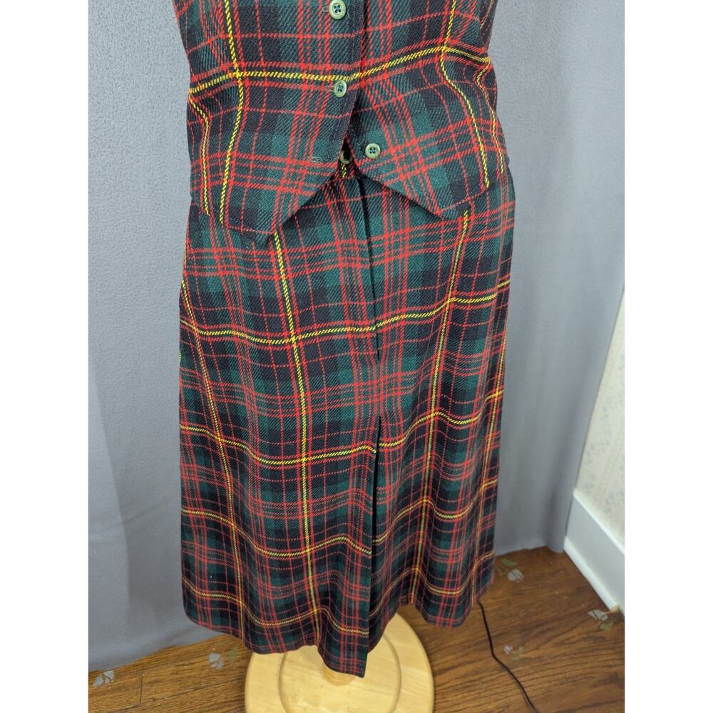 Plaid Vest and Skirt Set 60s Handmade Suit XS/S Red Green Tartan Lined - Picture 3 of 14